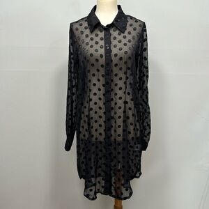 Lovers + Friends polka dot sheer black collared button down shirt dress sz S